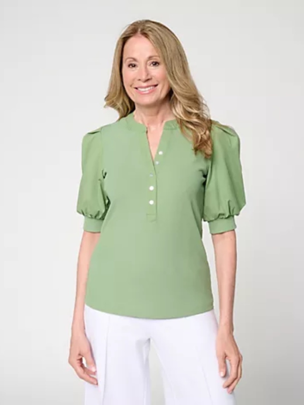 nicole by Nicole Miller Mixed Media Puff Sleeve Henley Top, Sage Sz S a729045